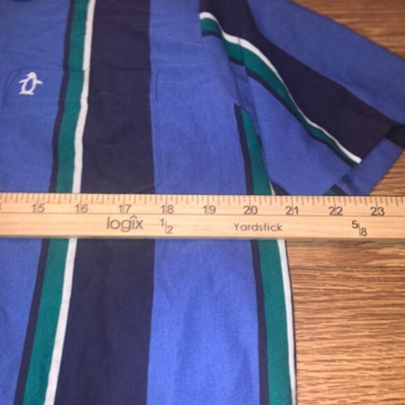 Penguin Club Men’s Short Sleeve Polo Large Blue Green Black Striped VTG Style - Picture 3 of 7